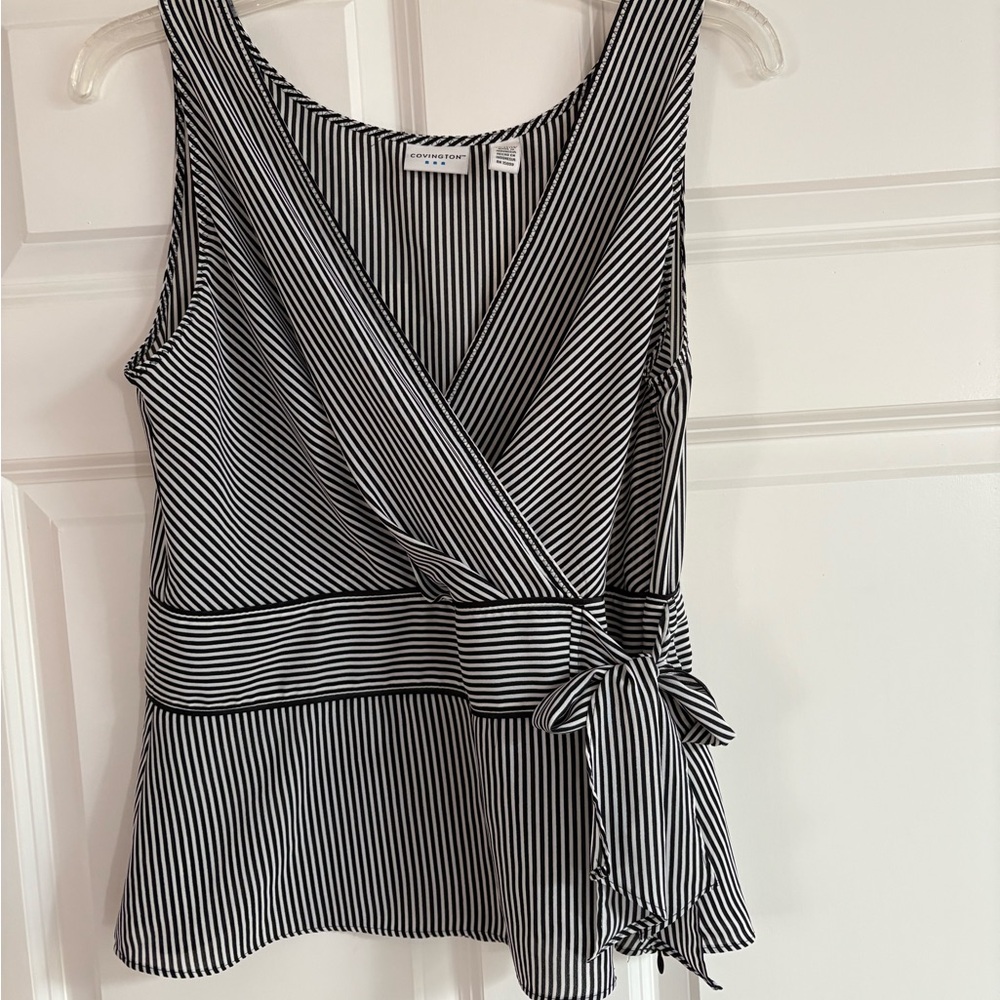 Covington Black and White Striped Sleeveless Blouse
